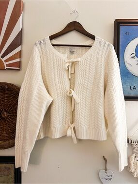 Cream Cable-Knit Tie-Front Sweater Cardigan